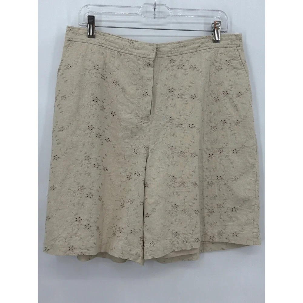 Denim & Co Womens Beige Linen Blend‎ Eyelet Embroidered Shorts Size L High Rise